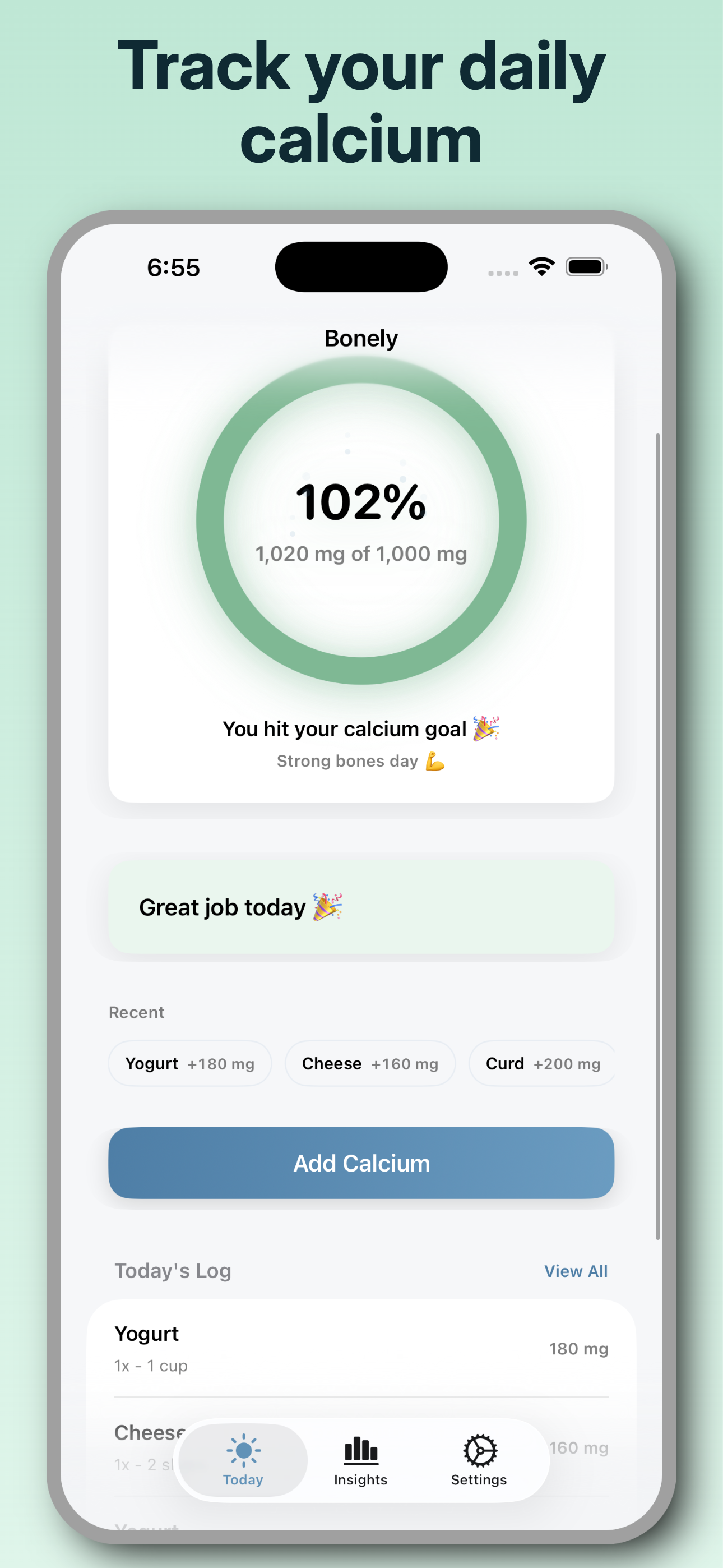 Bonely app dashboard showing calcium intake progress