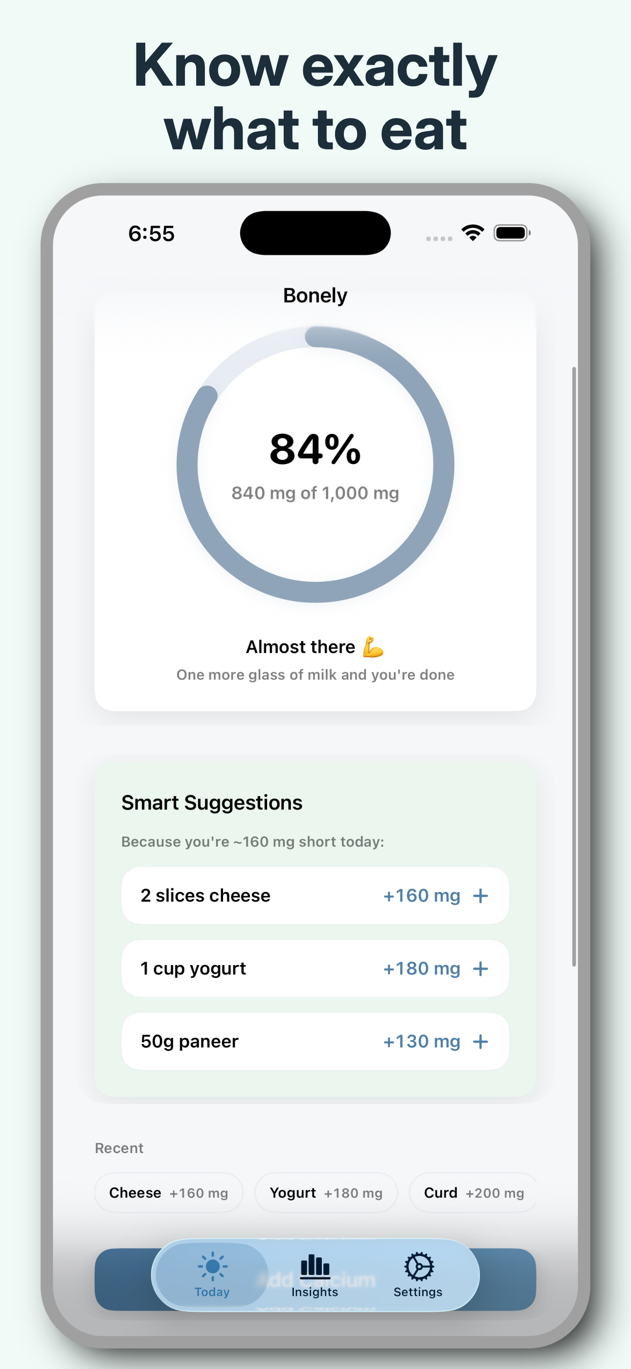 Bonely app food logging screen