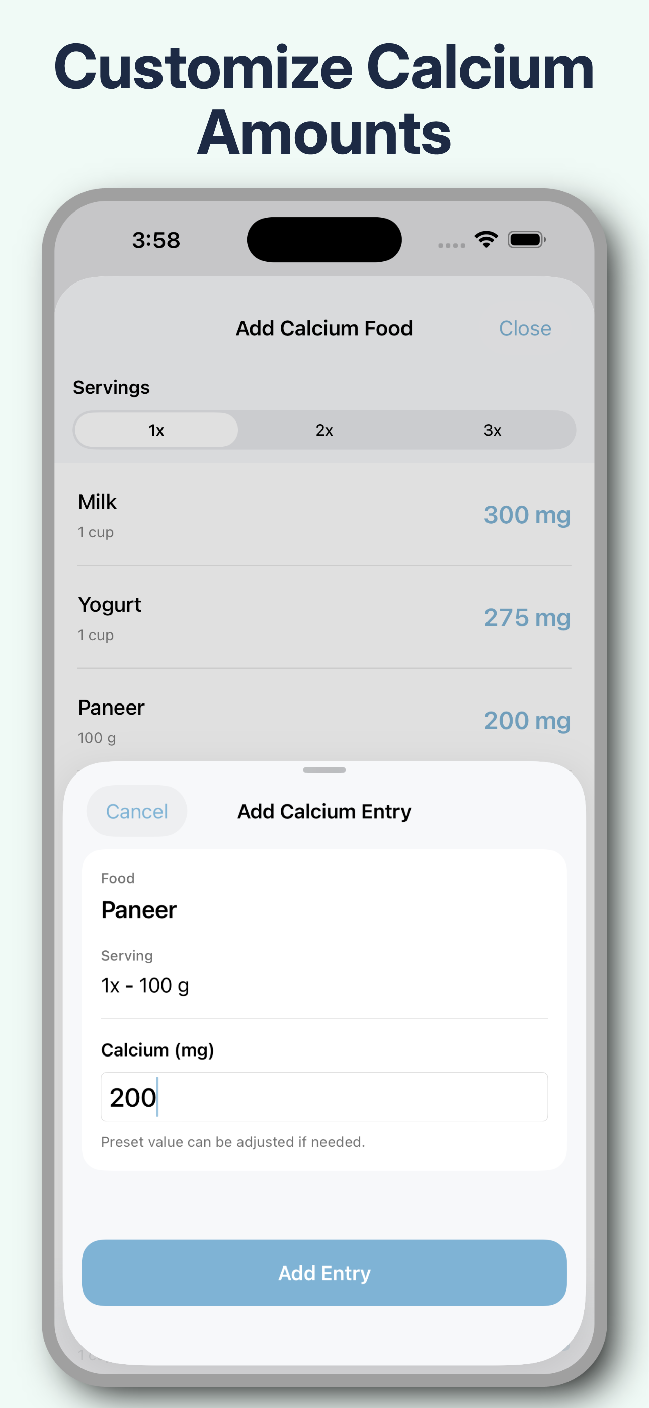 Bonely history view showing previous calcium intake entries