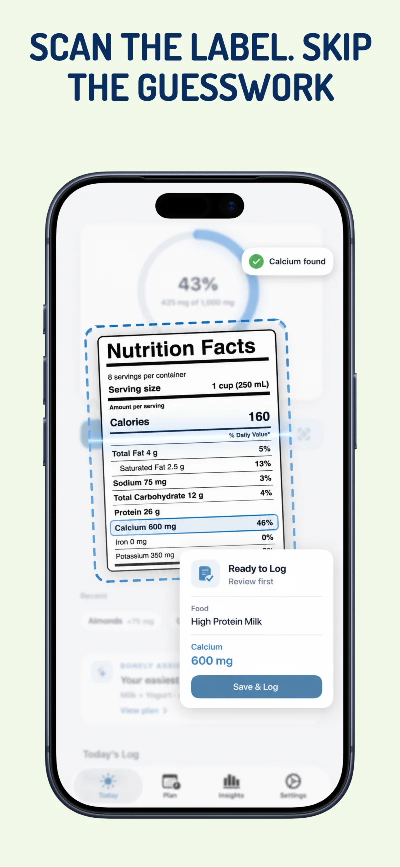 Bonely nutrition label scanner recognizing calcium on a food label